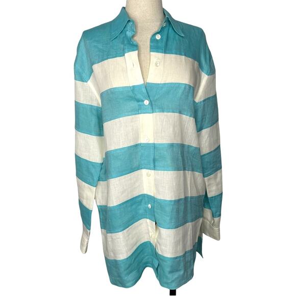 Escada Sport Linen Blouse Button Down Stripe Blue White L EUC - Picture 12 of 15